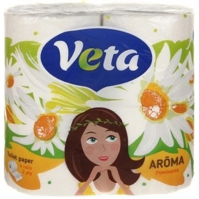 Интерпапер Бумага туалетная VETA AROMA двухслойная, ромашка, на втулке,100% целлюлоза. 1*4 рулона.