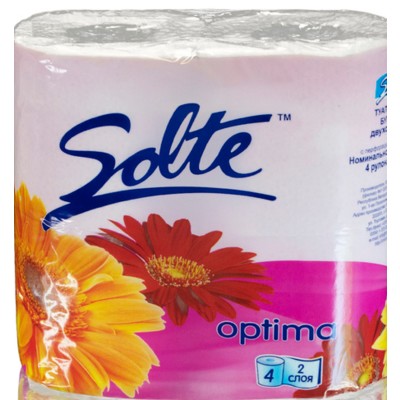 Интерпапер Бумага туалетная SOLTE OPTIMA б*Бумага туалеелая, двухслойная, на втулке,100% целлюлоза, 1*4 рулона.